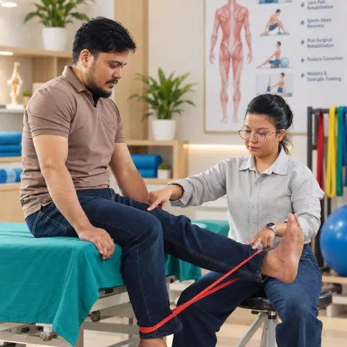Physiotherapist guiding a patient through ACL knee rehabilitation exercises in Nepalgunj