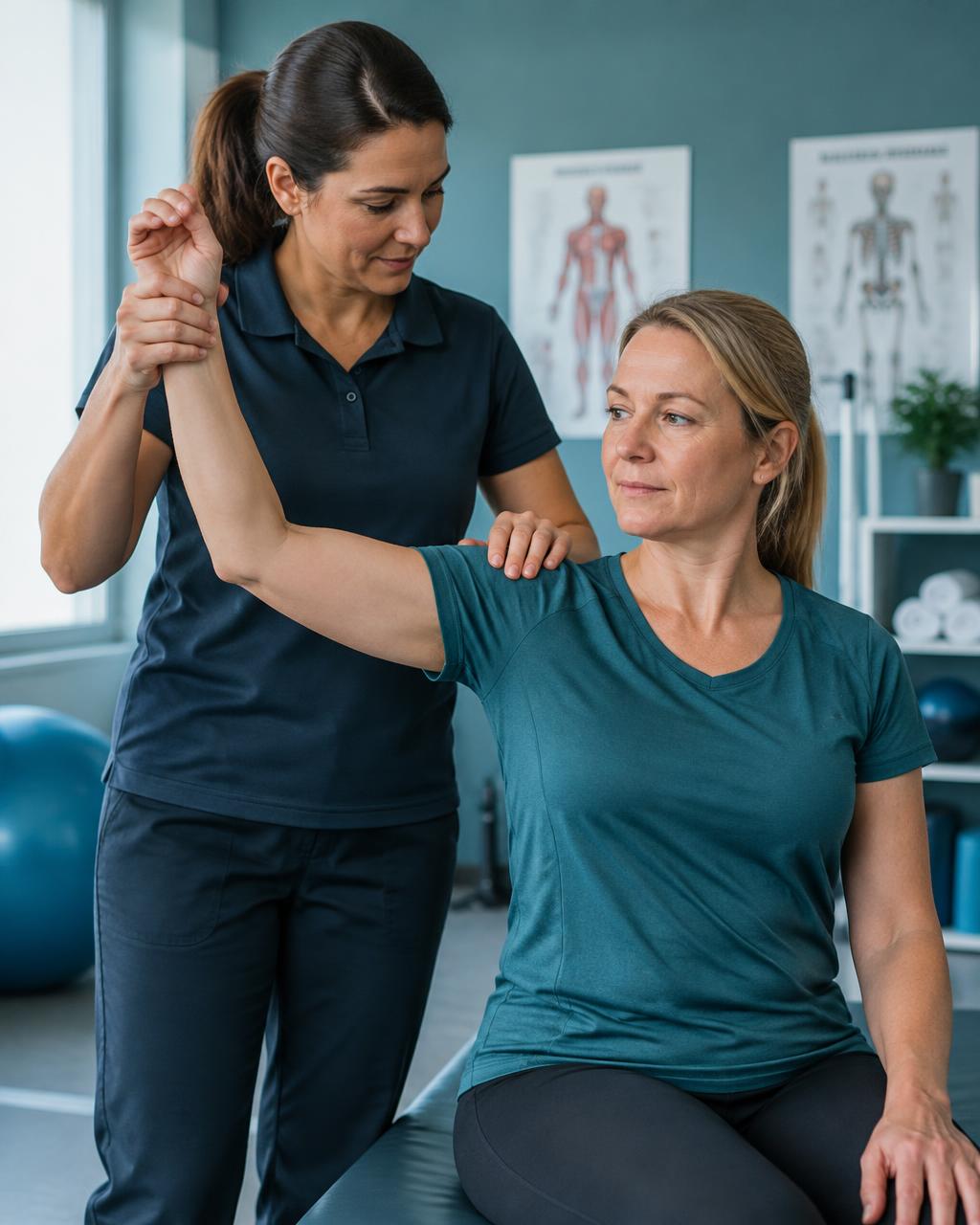 Physiotherapist guiding a patient's shoulder through a gentle range of motion